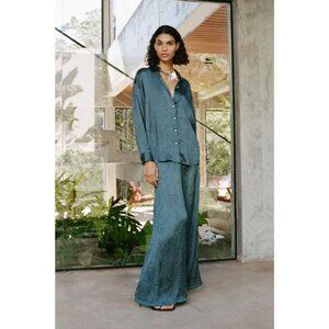 Zara Dark Teal Crinkled Look Satin Wide-Leg Pants